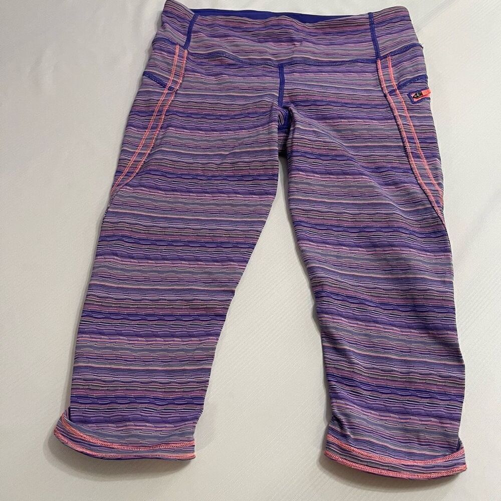 Lululemon Women Run Top Speed Cropped Leggings Size 8 Purple Pink Striped